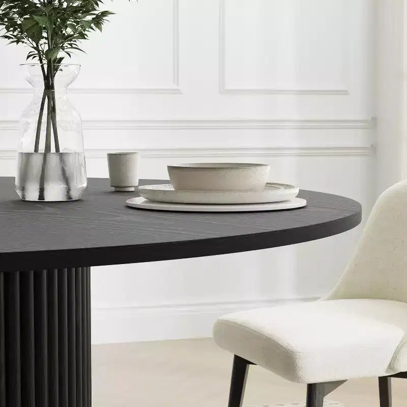 PexFix Mesa de Comedor Redonda de Madera Maciza de 52 pulgadas, Mesa de Cocina para 4-6 Personas con Encimera y Base Cilíndrica Texturizada para Sala de Estar/Comedor, Oficina, Café, Negra