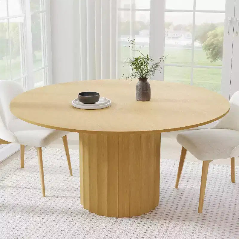 PexFix Mesa de comedor redonda de madera maciza de 60 pulgadas, mesa de cocina para 6-8 personas con tablero y base cilíndrica estriada para sala de estar/comedor, café, oficina, natural