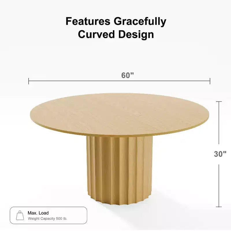 PexFix Mesa de comedor redonda de madera maciza de 60 pulgadas, mesa de cocina para 6-8 personas con tablero y base cilíndrica estriada para sala de estar/comedor, café, oficina, natural