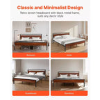 VEVOR Estructura de Cama King Size, Base de Cama Metálica Negra de 14 Pulgadas con Cabecero y Piecero de Madera Marrón Retro, Amplio Almacenamiento Debajo de la Cama, Marrón