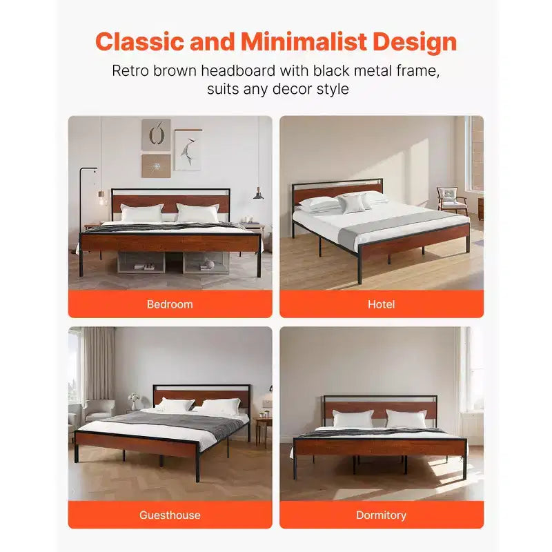 VEVOR Estructura de Cama King Size, Base de Cama Metálica Negra de 14 Pulgadas con Cabecero y Piecero de Madera Marrón Retro, Amplio Almacenamiento Debajo de la Cama, Marrón