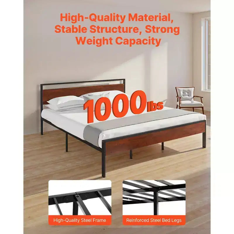 VEVOR Estructura de Cama King Size, Base de Cama Metálica Negra de 14 Pulgadas con Cabecero y Piecero de Madera Marrón Retro, Amplio Almacenamiento Debajo de la Cama, Marrón