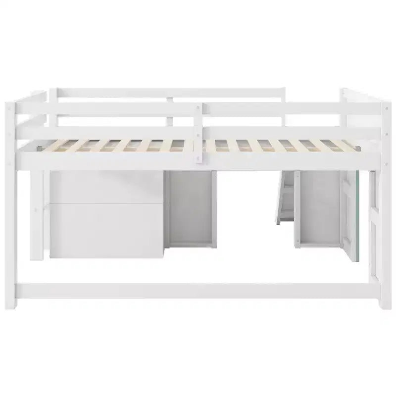 Cama baja tipo loft de tamaño completo con tobogán, marco de cama tipo loft de madera para niños con tres cajones de almacenamiento, blanco