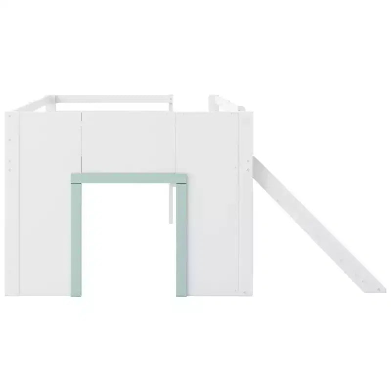 Cama baja tipo loft de tamaño completo con tobogán, marco de cama tipo loft de madera para niños con tres cajones de almacenamiento, blanco