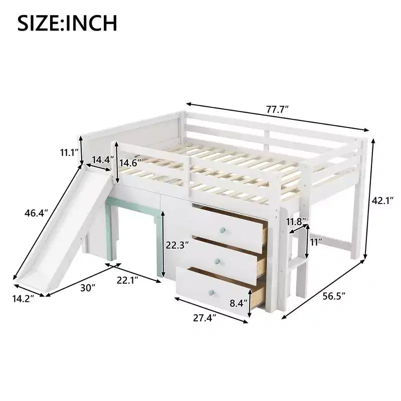 Cama baja tipo loft de tamaño completo con tobogán, marco de cama tipo loft de madera para niños con tres cajones de almacenamiento, blanco