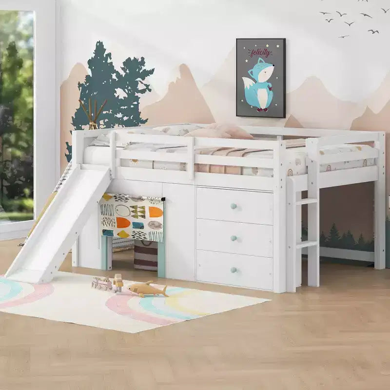 Cama baja tipo loft de tamaño completo con tobogán, marco de cama tipo loft de madera para niños con tres cajones de almacenamiento, blanco