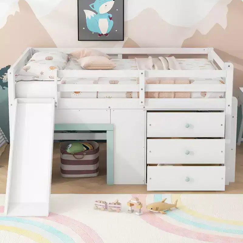 Cama baja tipo loft de tamaño completo con tobogán, marco de cama tipo loft de madera para niños con tres cajones de almacenamiento, blanco