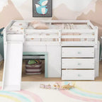 Cama baja tipo loft de tamaño completo con tobogán, marco de cama tipo loft de madera para niños con tres cajones de almacenamiento, blanco