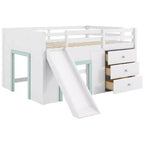 Cama baja tipo loft de tamaño completo con tobogán, marco de cama tipo loft de madera para niños con tres cajones de almacenamiento, blanco