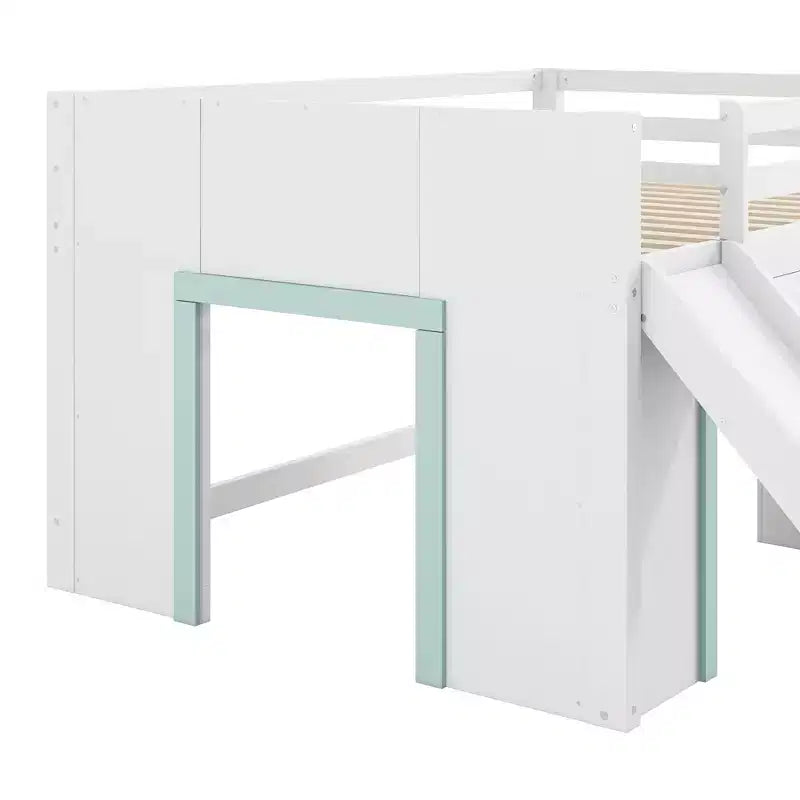 Cama baja tipo loft de tamaño completo con tobogán, marco de cama tipo loft de madera para niños con tres cajones de almacenamiento, blanco