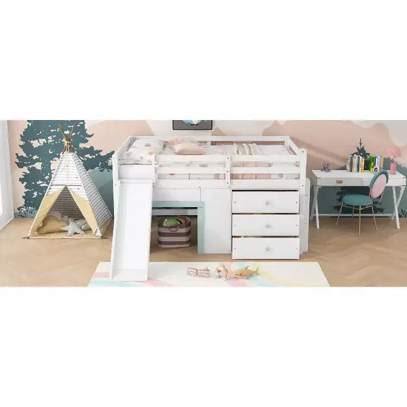 Cama baja tipo loft de tamaño completo con tobogán, marco de cama tipo loft de madera para niños con tres cajones de almacenamiento, blanco