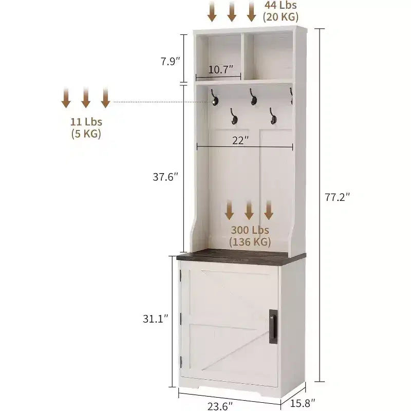 Perchero estrecho de casa de campo con almacenamiento para zapatos, perchero pequeño de 23.6 con banco, 5 ganchos, 2 cubículos y 1 gabinete con puerta de granero para entrada, sala de estar