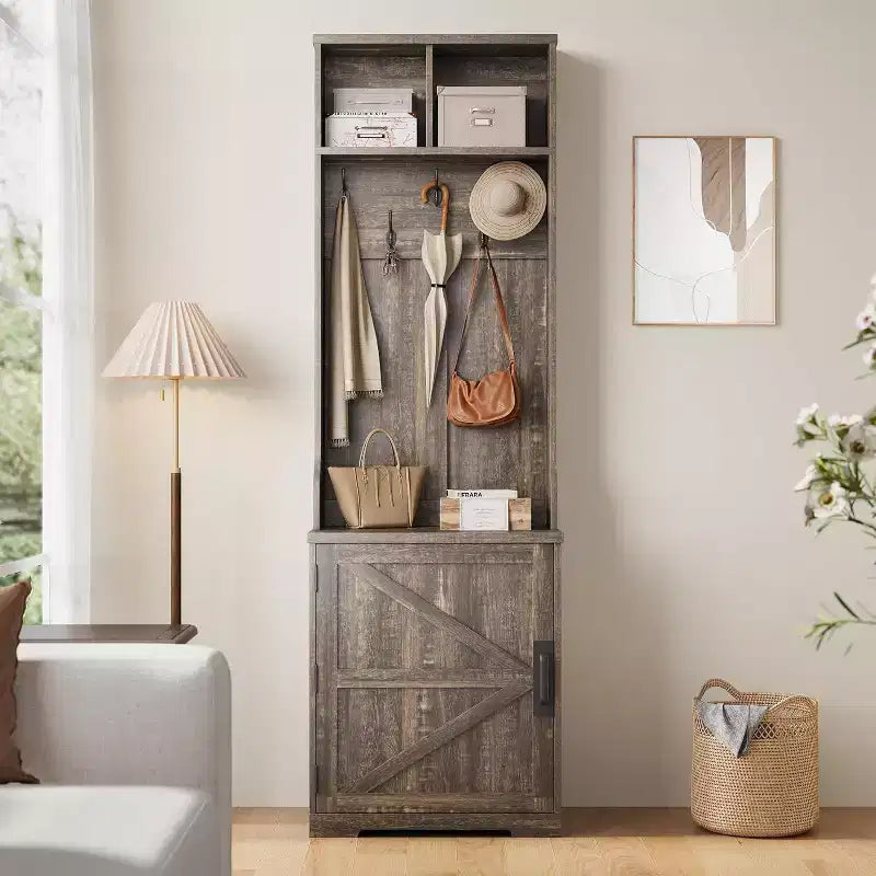 Farmhouse Narrow Coat Rack with Shoe Storage, 23.6 Small Hall Tree with Bench, 5 Hooks, 2 Cubbies & 1 Barn Door Cabinet for Entryway, Living room