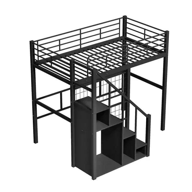 Litera alta individual con escaleras para niños, literas metálicas con armario pequeño, estructura de cama alta con malla decorativa