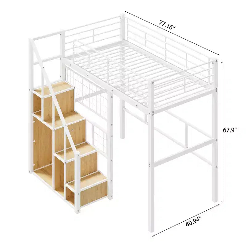 Litera alta individual con escaleras para niños, literas metálicas con armario pequeño, estructura de cama alta con malla decorativa