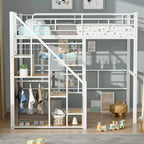 Litera alta individual con escaleras para niños, literas metálicas con armario pequeño, estructura de cama alta con malla decorativa