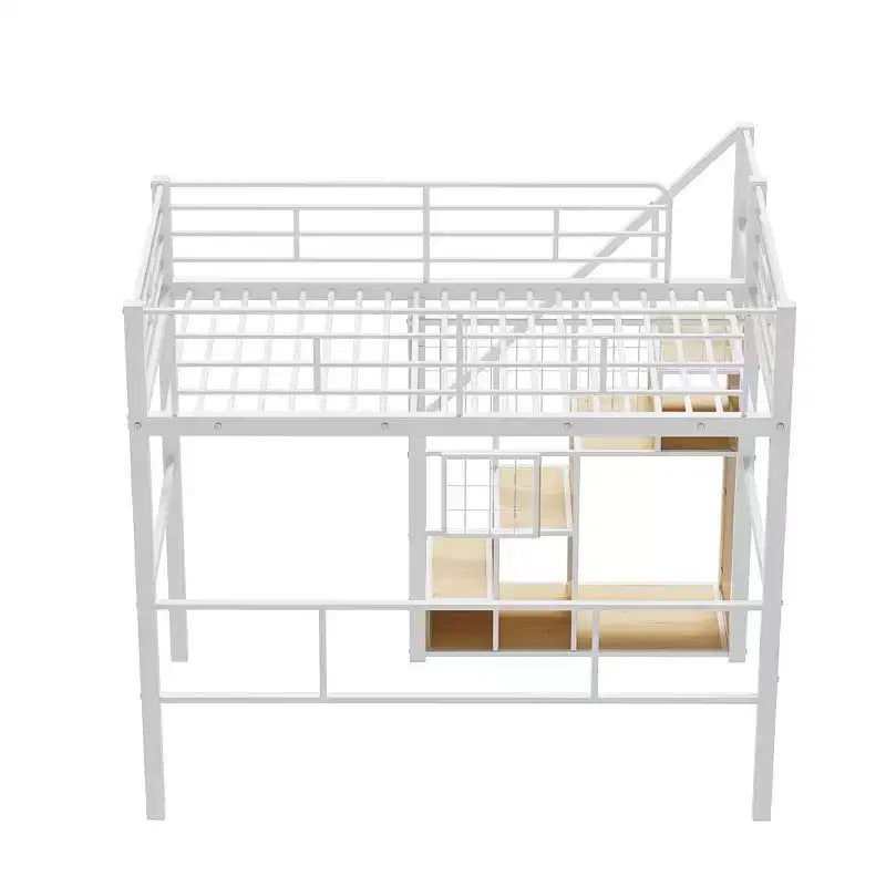 Litera alta individual con escaleras para niños, literas metálicas con armario pequeño, estructura de cama alta con malla decorativa
