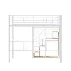 Litera alta individual con escaleras para niños, literas metálicas con armario pequeño, estructura de cama alta con malla decorativa