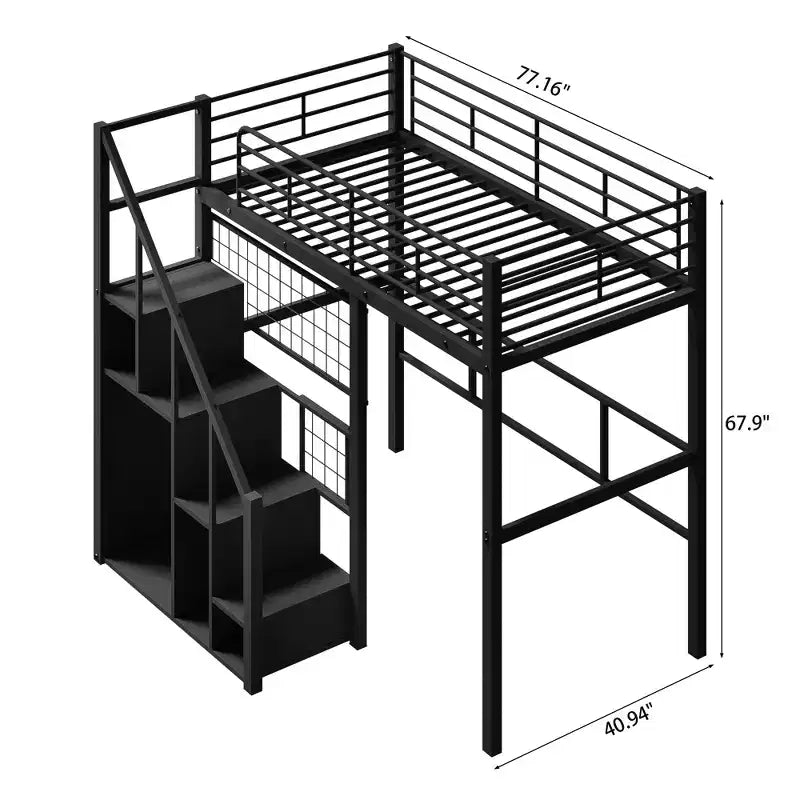 Litera alta individual con escaleras para niños, literas metálicas con armario pequeño, estructura de cama alta con malla decorativa