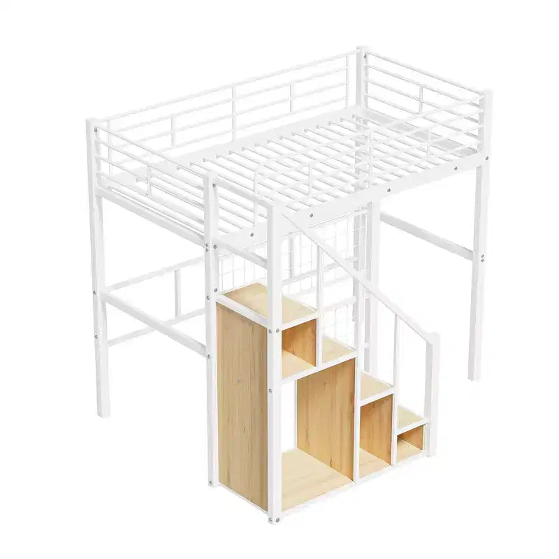 Litera alta individual con escaleras para niños, literas metálicas con armario pequeño, estructura de cama alta con malla decorativa