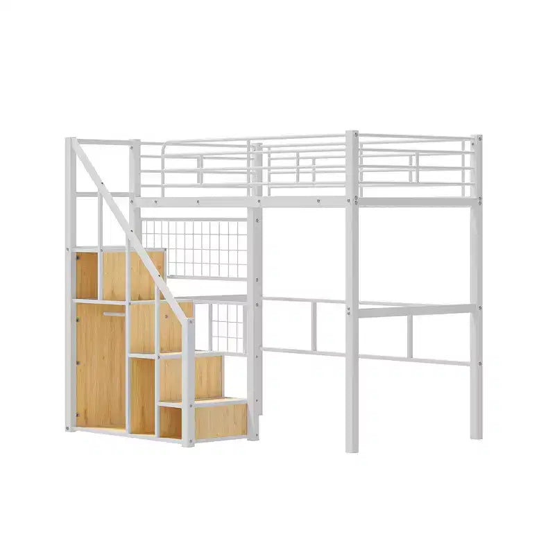 Litera alta individual con escaleras para niños, literas metálicas con armario pequeño, estructura de cama alta con malla decorativa
