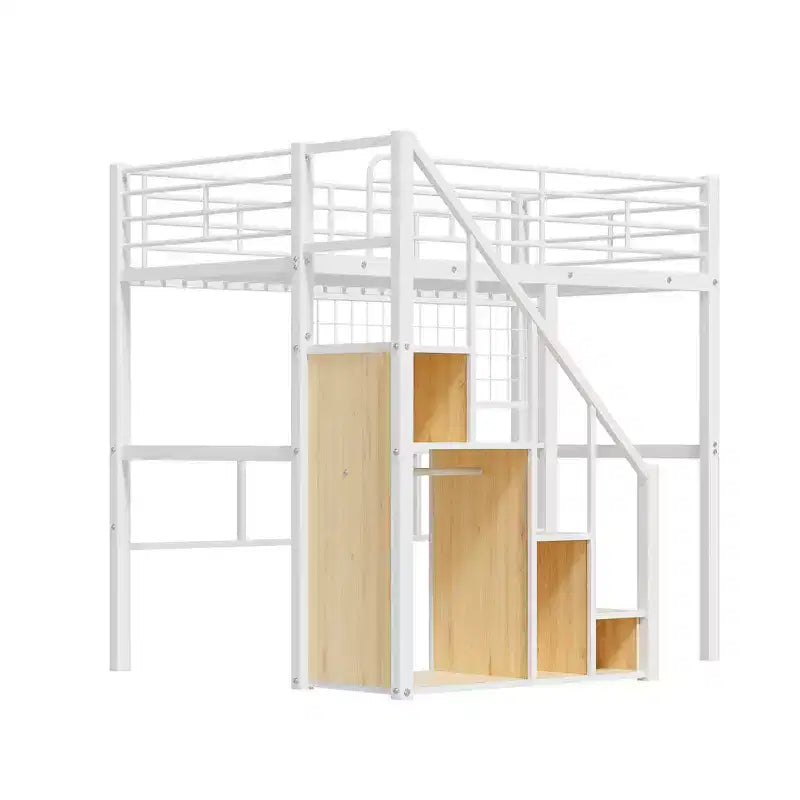 Litera alta individual con escaleras para niños, literas metálicas con armario pequeño, estructura de cama alta con malla decorativa