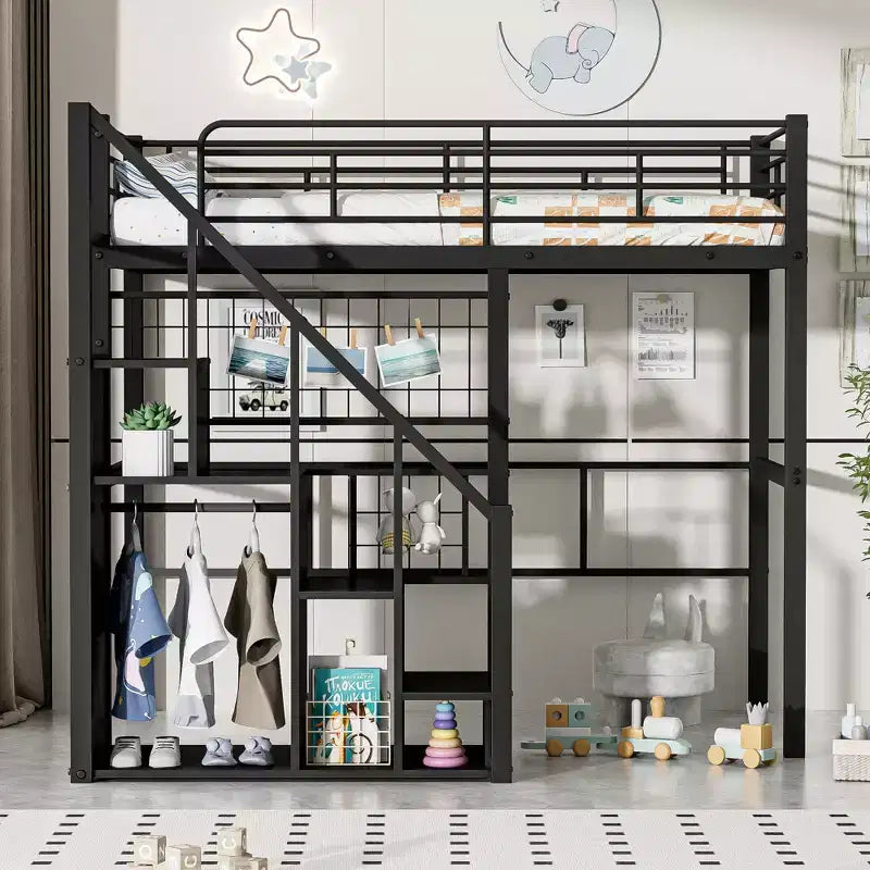 Litera alta individual con escaleras para niños, literas metálicas con armario pequeño, estructura de cama alta con malla decorativa