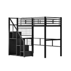 Litera alta individual con escaleras para niños, literas metálicas con armario pequeño, estructura de cama alta con malla decorativa