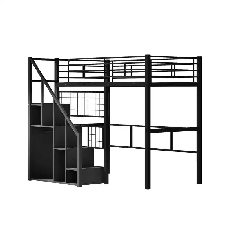 Litera alta individual con escaleras para niños, literas metálicas con armario pequeño, estructura de cama alta con malla decorativa