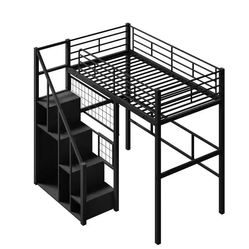 Litera alta individual con escaleras para niños, literas metálicas con armario pequeño, estructura de cama alta con malla decorativa