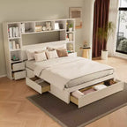 GDFStudio Polly Cama de plataforma tamaño Queen de madera de pino con mesitas de noche y gabinete librero