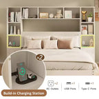 GDFStudio Polly Cama de plataforma tamaño Queen de madera de pino con mesitas de noche y gabinete librero