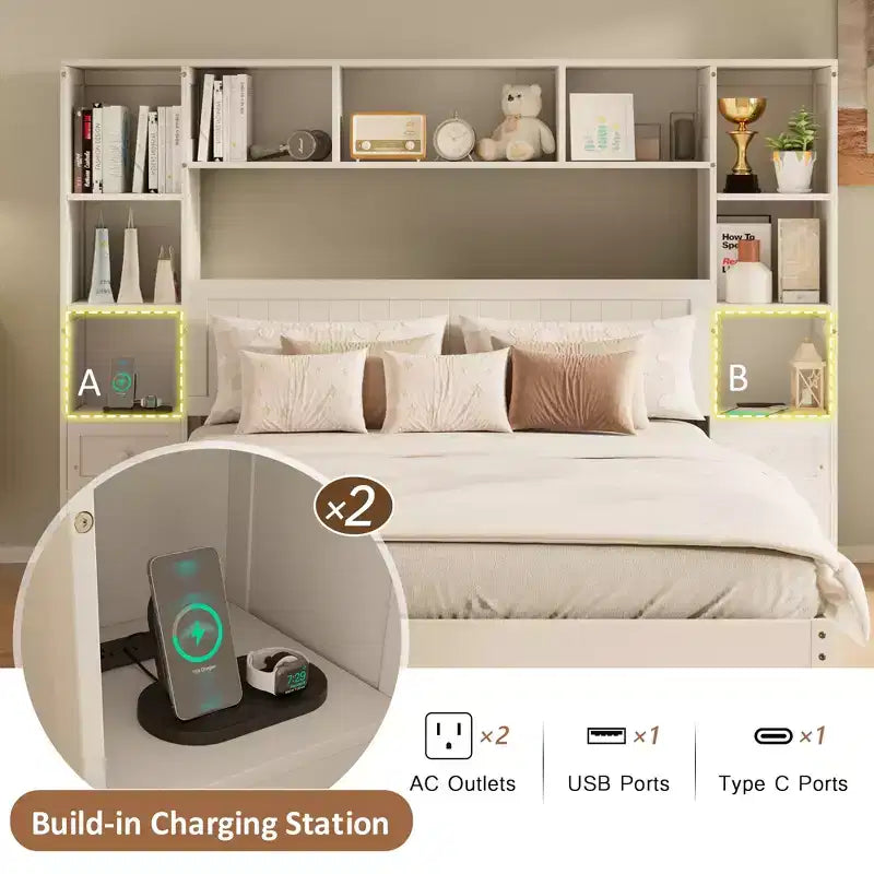 GDFStudio Polly Cama de plataforma tamaño Queen de madera de pino con mesitas de noche y gabinete librero
