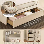 GDFStudio Polly Cama de plataforma tamaño Queen de madera de pino con mesitas de noche y gabinete librero