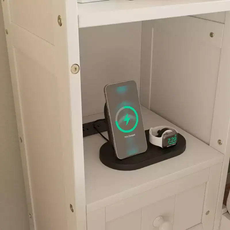 GDFStudio Polly Cama de plataforma tamaño Queen de madera de pino con mesitas de noche y gabinete librero