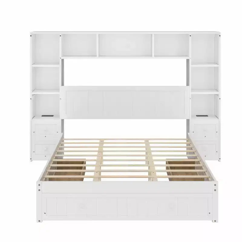 GDFStudio Polly Cama de plataforma tamaño Queen de madera de pino con mesitas de noche y gabinete librero