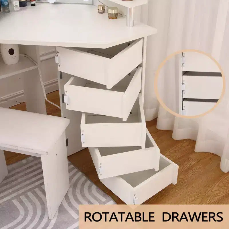 Tocador de maquillaje, Tocador de esquina con taburete, 5 cajones giratorios, Brillo ajustable, para dormitorio, sala de estar