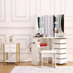 Tocador de maquillaje, Tocador de esquina con taburete, 5 cajones giratorios, Brillo ajustable, para dormitorio, sala de estar