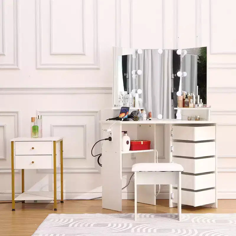 Tocador de maquillaje, Tocador de esquina con taburete, 5 cajones giratorios, Brillo ajustable, para dormitorio, sala de estar