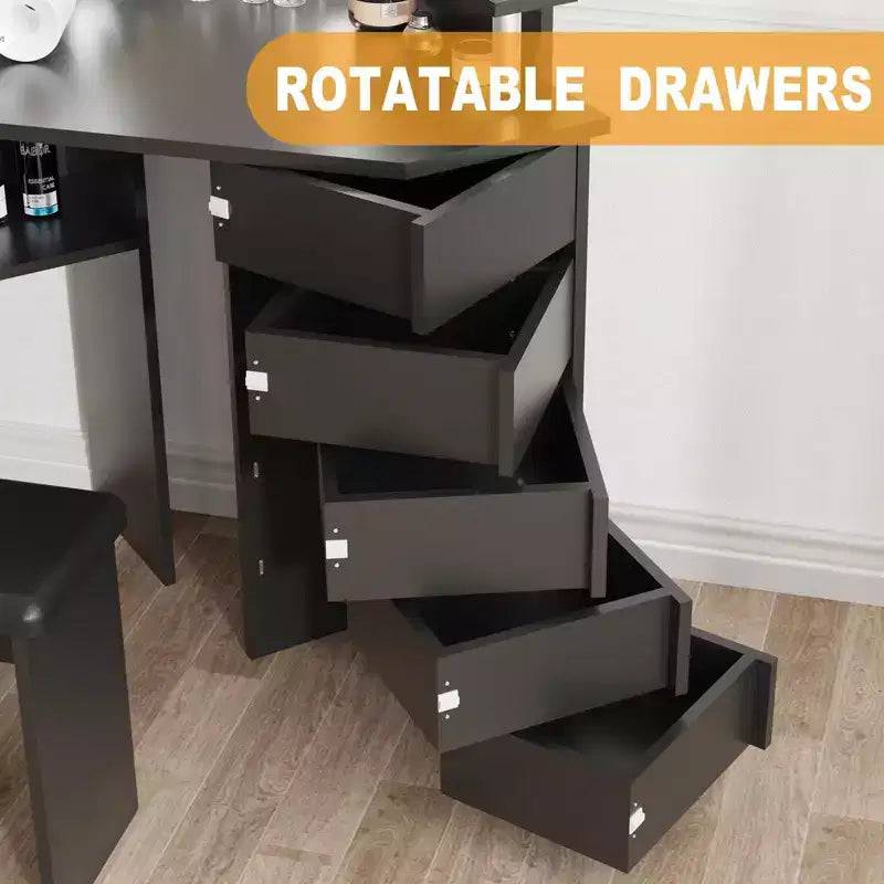 Tocador de maquillaje, Tocador de esquina con taburete, 5 cajones giratorios, Brillo ajustable, para dormitorio, sala de estar