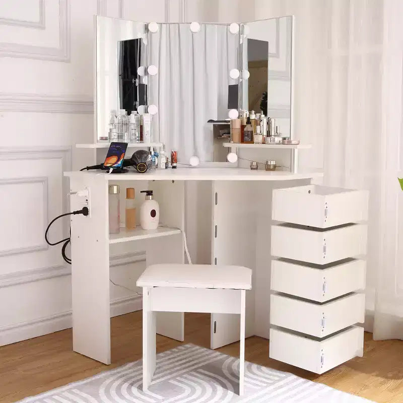Tocador de maquillaje, Tocador de esquina con taburete, 5 cajones giratorios, Brillo ajustable, para dormitorio, sala de estar