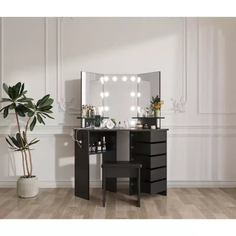 Makeup Vanity Desk Set, Corner Vanity Desk with Stool, 5 Rotating Drawers, Brightness Adjustable, for Bedroom, Living Room