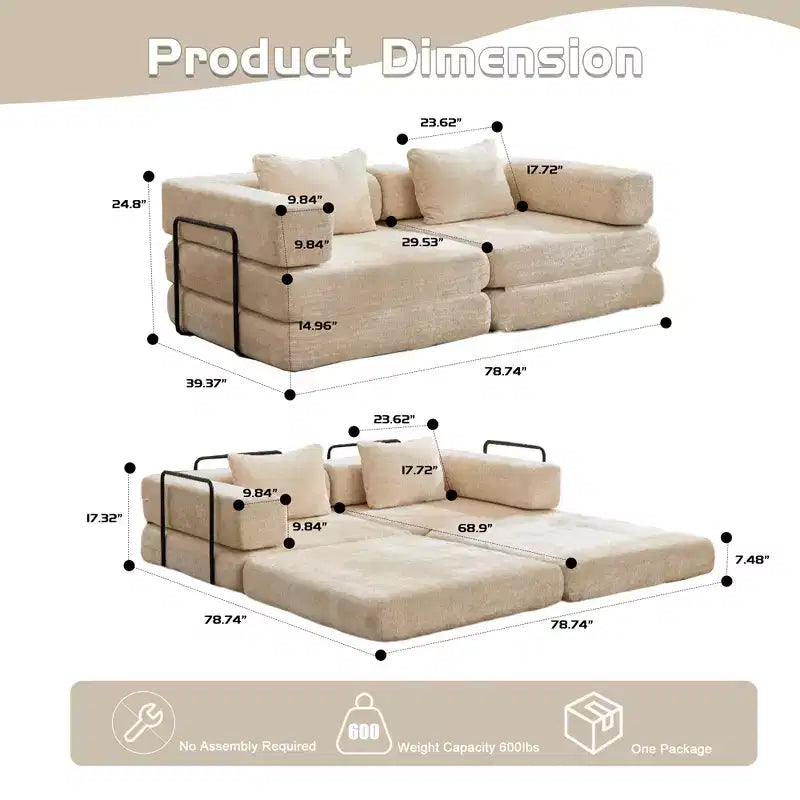 Sofá cama convertible de suelo Whisen con estructura de forma fija, sofás biplaza modulares sin huesos, tela de chenilla