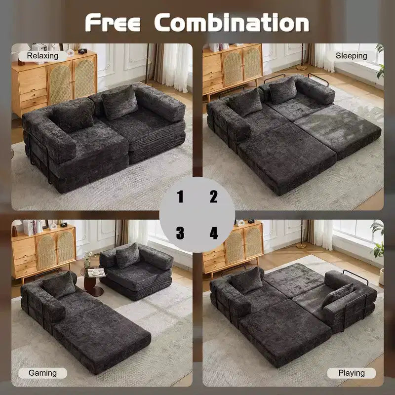 Sofá cama convertible de suelo Whisen con estructura de forma fija, sofás biplaza modulares sin huesos, tela de chenilla