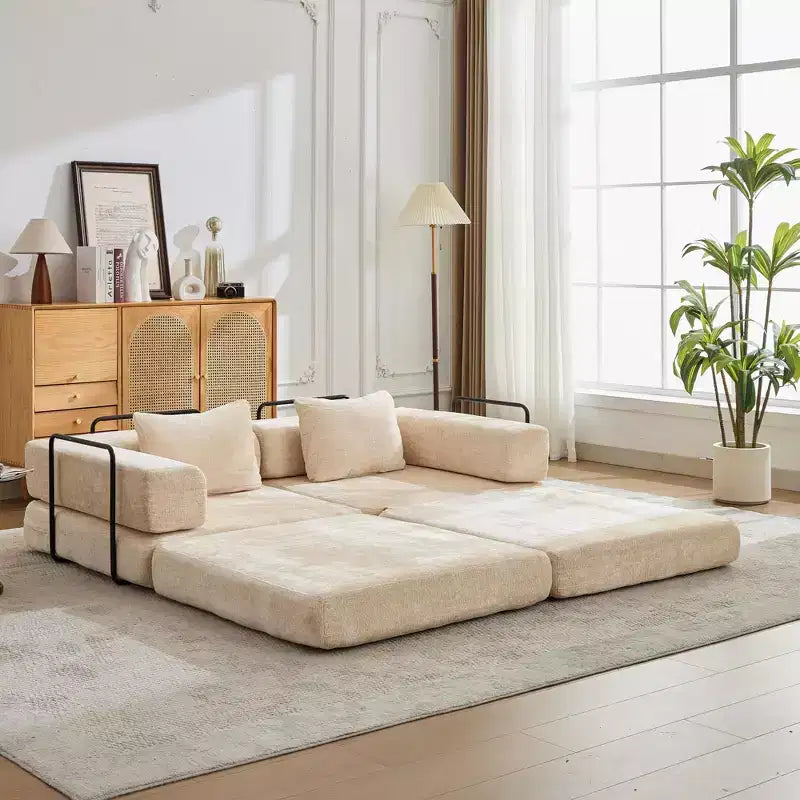 Sofá cama convertible de suelo Whisen con estructura de forma fija, sofás biplaza modulares sin huesos, tela de chenilla