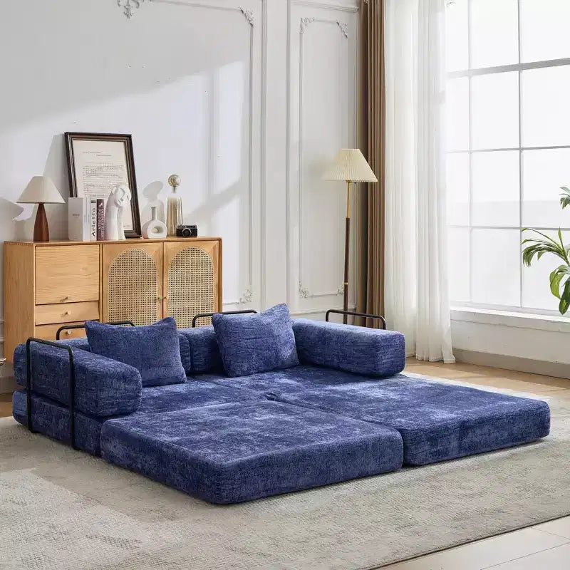 Sofá cama convertible de suelo Whisen con estructura de forma fija, sofás biplaza modulares sin huesos, tela de chenilla