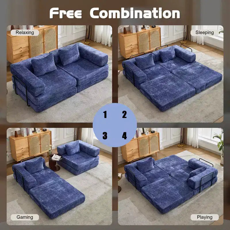 Sofá cama convertible de suelo Whisen con estructura de forma fija, sofás biplaza modulares sin huesos, tela de chenilla
