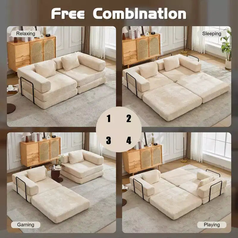 Sofá cama convertible de suelo Whisen con estructura de forma fija, sofás biplaza modulares sin huesos, tela de chenilla