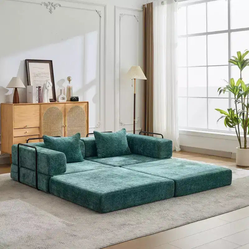 Sofá cama convertible de suelo Whisen con estructura de forma fija, sofás biplaza modulares sin huesos, tela de chenilla