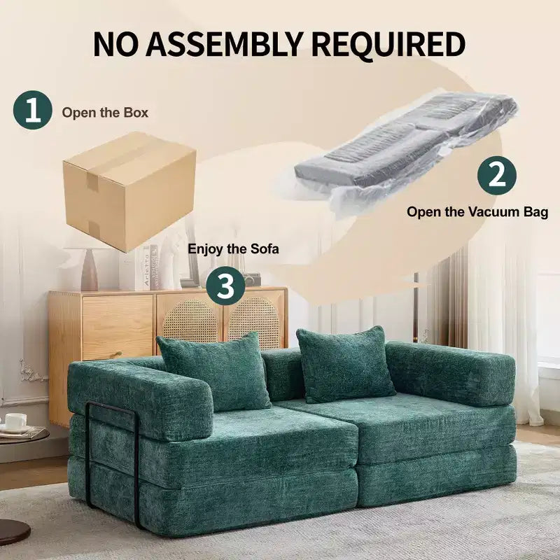Sofá cama convertible de suelo Whisen con estructura de forma fija, sofás biplaza modulares sin huesos, tela de chenilla